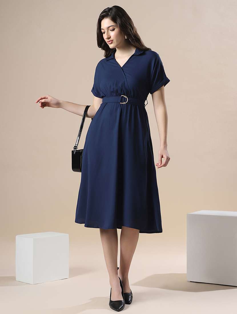 globus women navy v-neck extended sleeve belted detail fit & flare work wear midi dress - 22141411 -  Standard Image - 3