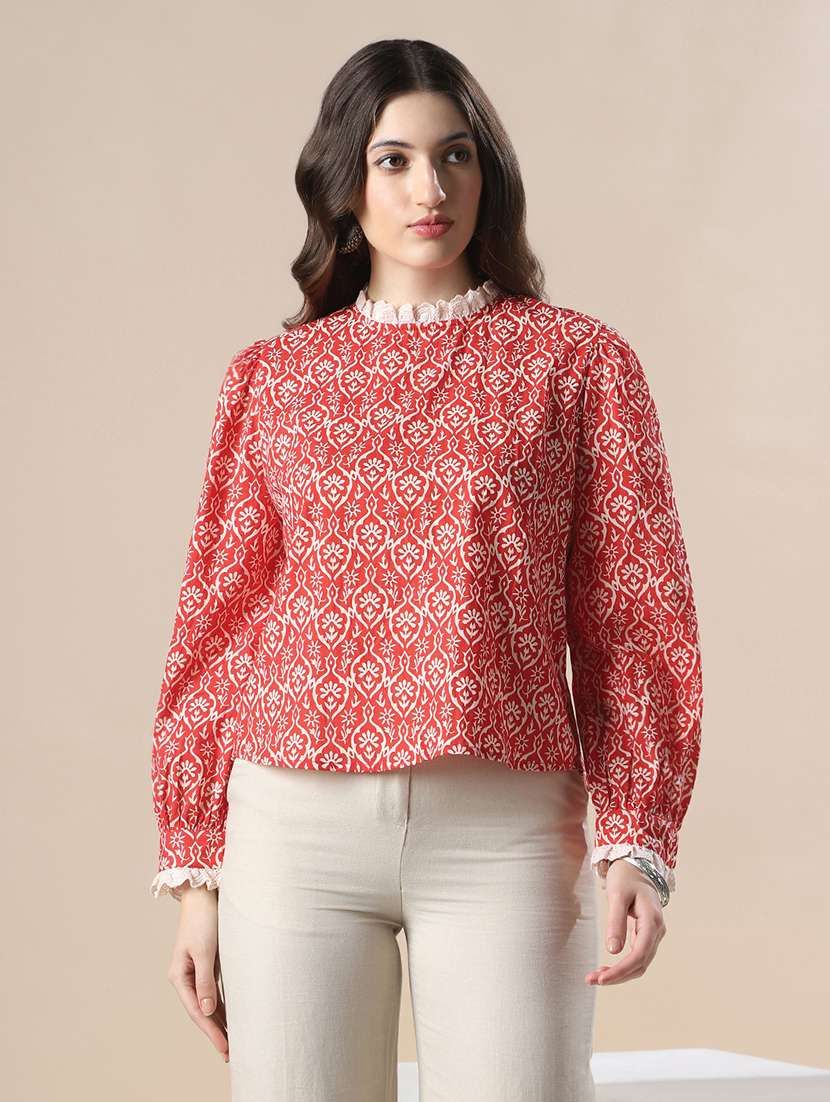 women printed mock neck puff sleeve top - 22141415 - Zoom Image - 0