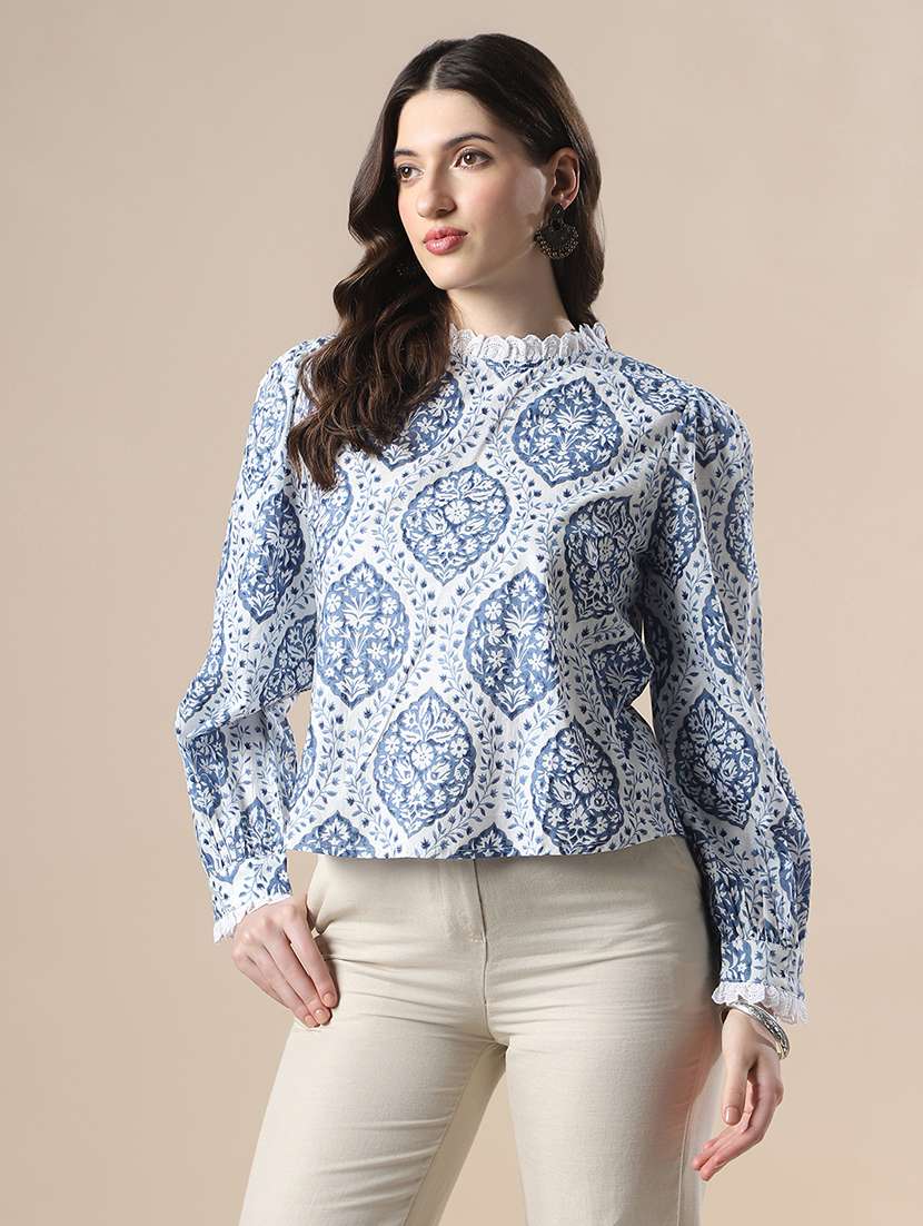 globus women blue all over floral print bishop sleeves high neck lace detail party top - 22141416 -  Zoom Image - 0