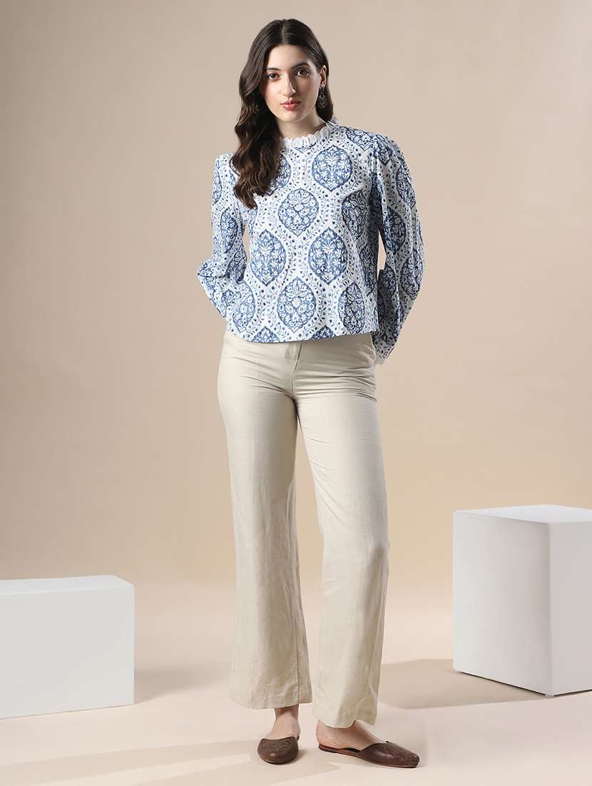 women printed mock neck puff sleeve top - 22141416 - Standard Image - 3
