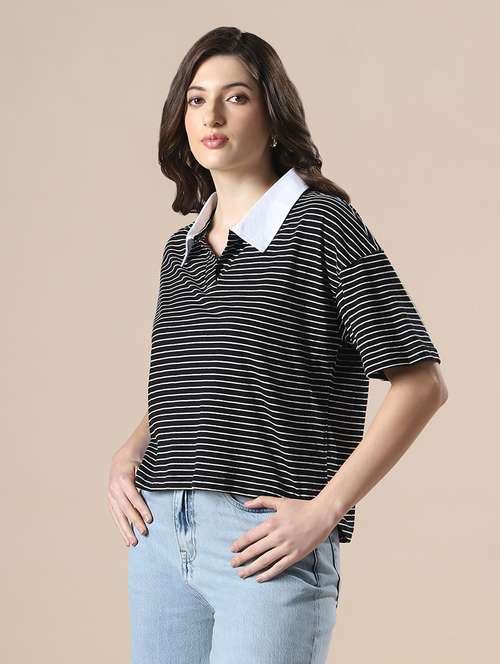 women striped short sleeve boxy polo t-shirt - 22141417 -  Standard Image - 0