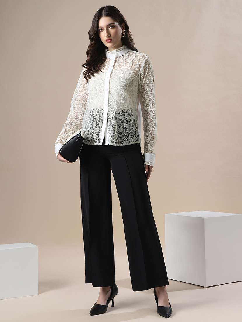 globus women white floral lace self design high neck cuffed sleeves party shirt - 22141419 -  Standard Image - 3