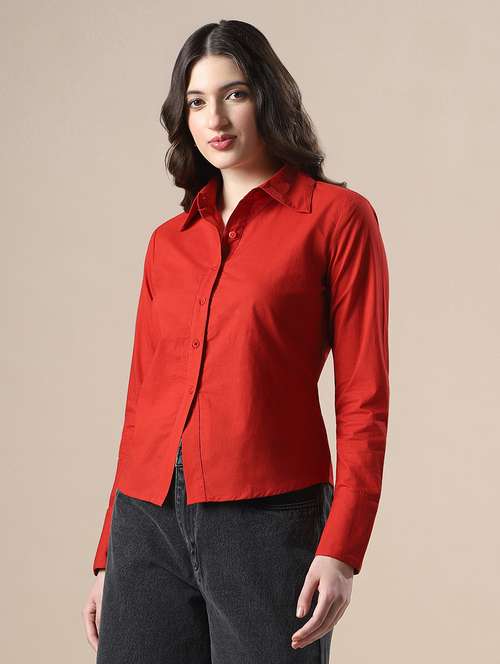 women solid collared long sleeve back tie shirt - 22141420 - Standard Image - 0