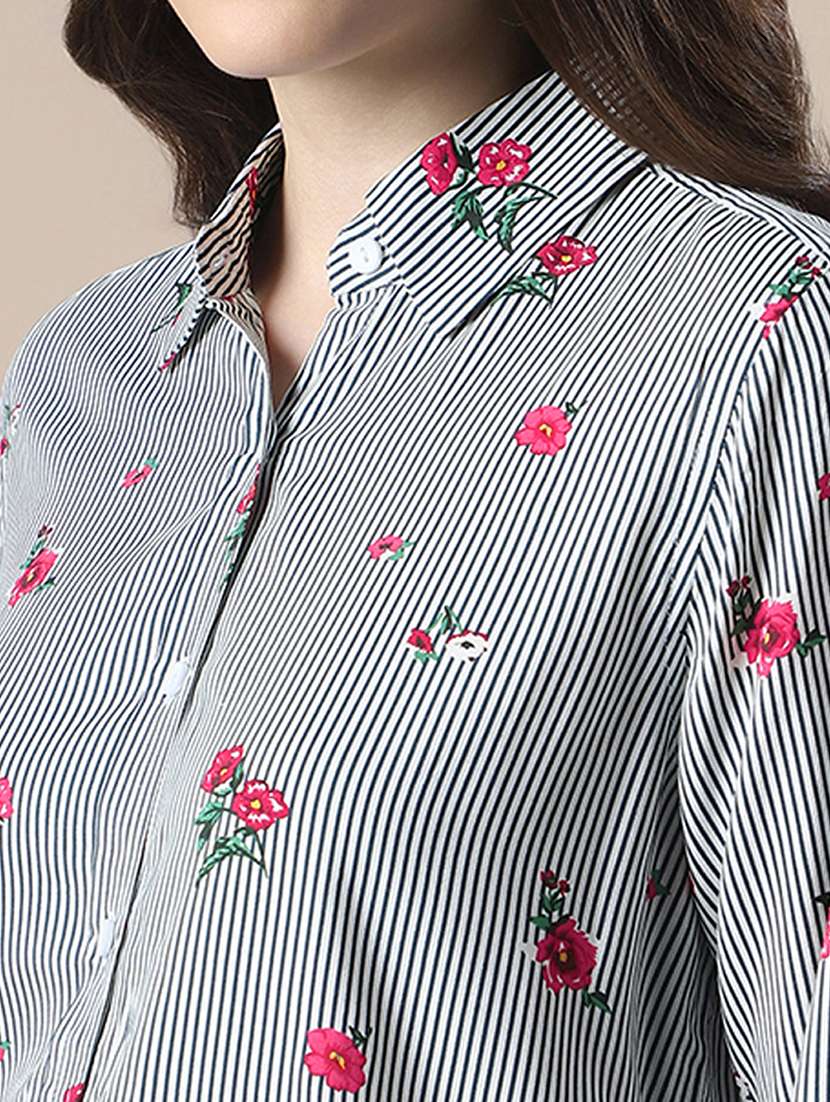 globus women blue striped floral print spread collar cuffed sleeves relaxed fit workwear shirt - 22141421 -  Standard Image - 3