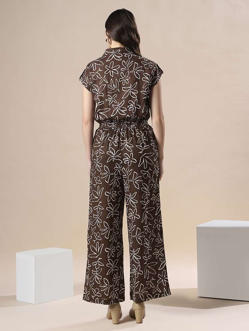 globus women brown floral print collared neck extended sleeves tie ups & cut out details flared jumpsuit - 22141422 -  Standard Image - 3