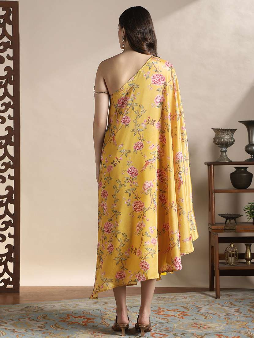 globus women yellow one shoulder floral print lace detail high-low hem maxi fusion kaftan dress with belt - 22141424 -  Standard Image - 3