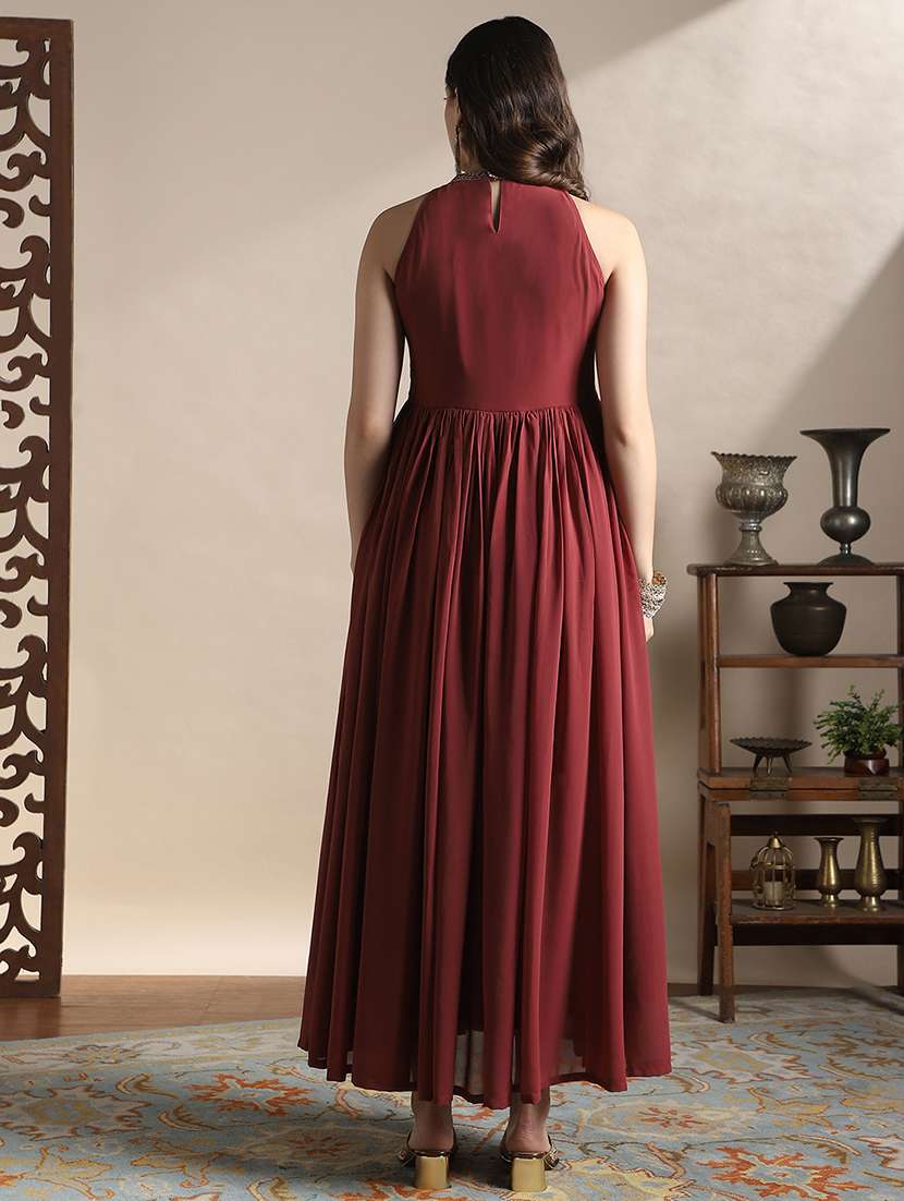 globus women rust halter keyhole neck sequinned & embroidered detail gathered maxi flared festive dress - 22141425 -  Standard Image - 3