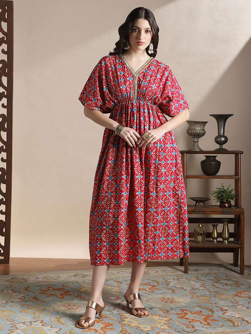 globus women fuchsia v-neck kimono sleeves ethnic print lace detail fit & flare midi fusion dress - 22141426 -  Zoom Image - 0