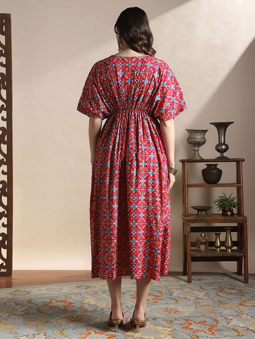 globus women fuchsia v-neck kimono sleeves ethnic print lace detail fit & flare midi fusion dress - 22141426 -  Standard Image - 3