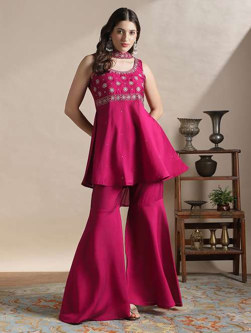 globus women fuchsia sequin embroidered yoke flared hem tunic with sharara & chocker dupatta festive set - 22141430 -  Standard Image - 0
