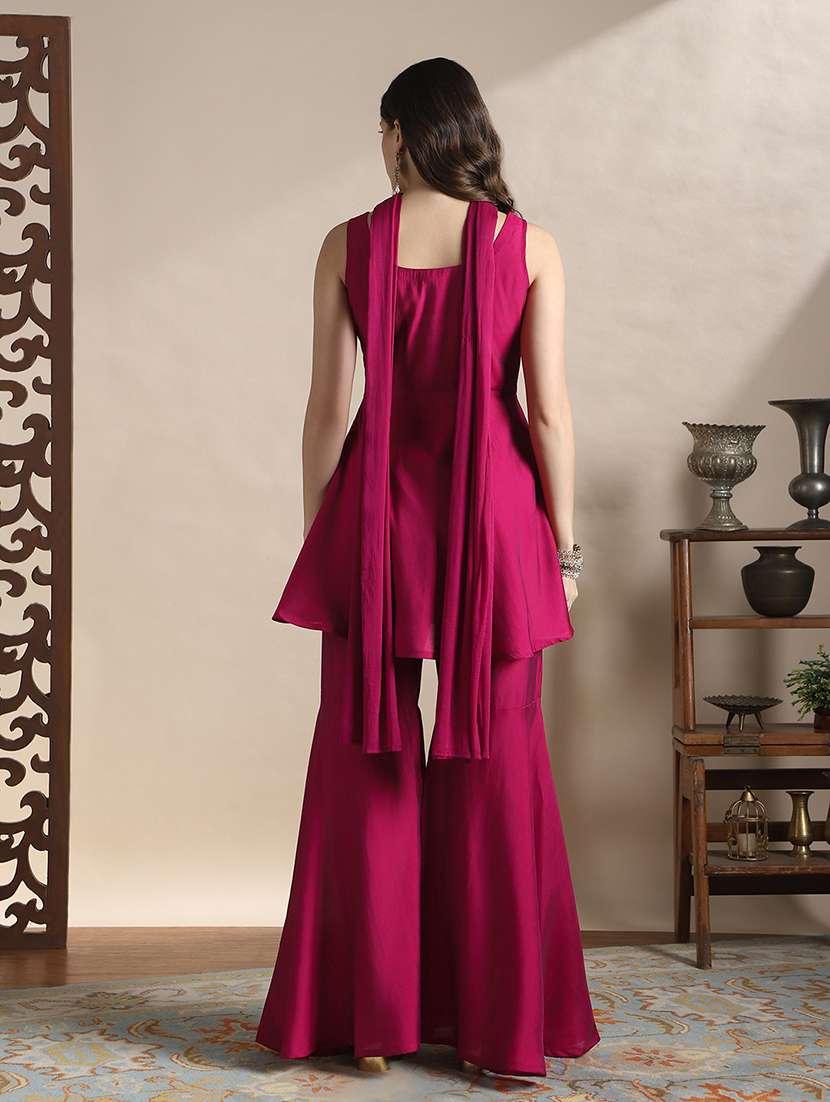globus women fuchsia sequin embroidered yoke flared hem tunic with sharara & chocker dupatta festive set - 22141430 -  Standard Image - 3