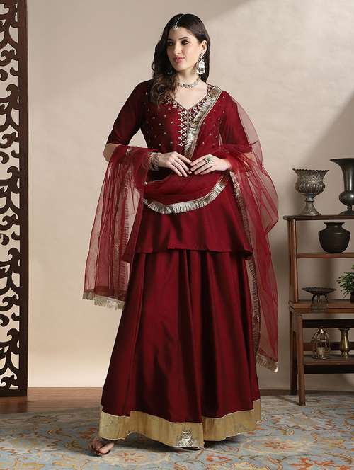 globus women maroon sequin embroidered yoke v-neck tunic with gotta lace flared hem skirt & fringed lace dupatta festive set - 22141431 -  Standard Image - 0