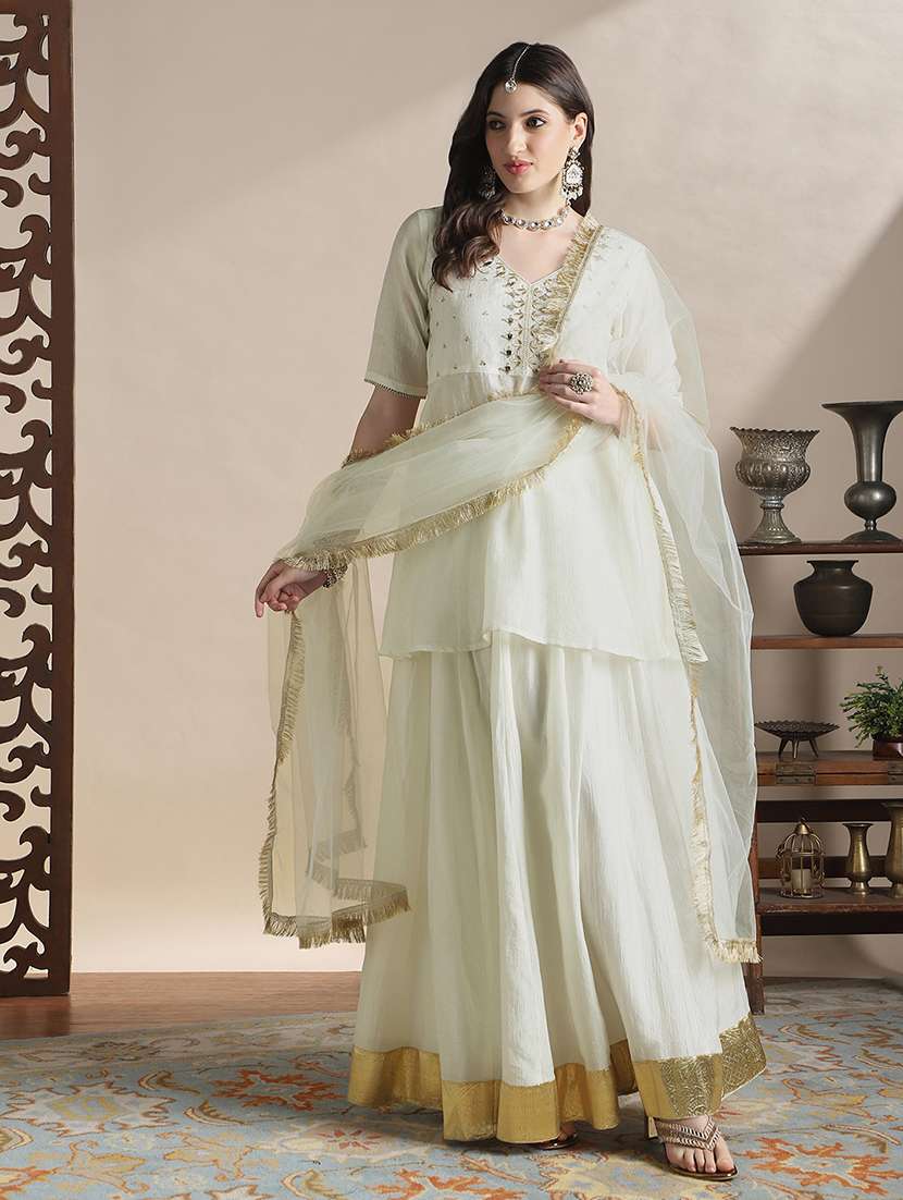 globus women off-white sequin embroidered yoke v-neck tunic with gotta lace flared hem skirt & fringed lace dupatta festive set