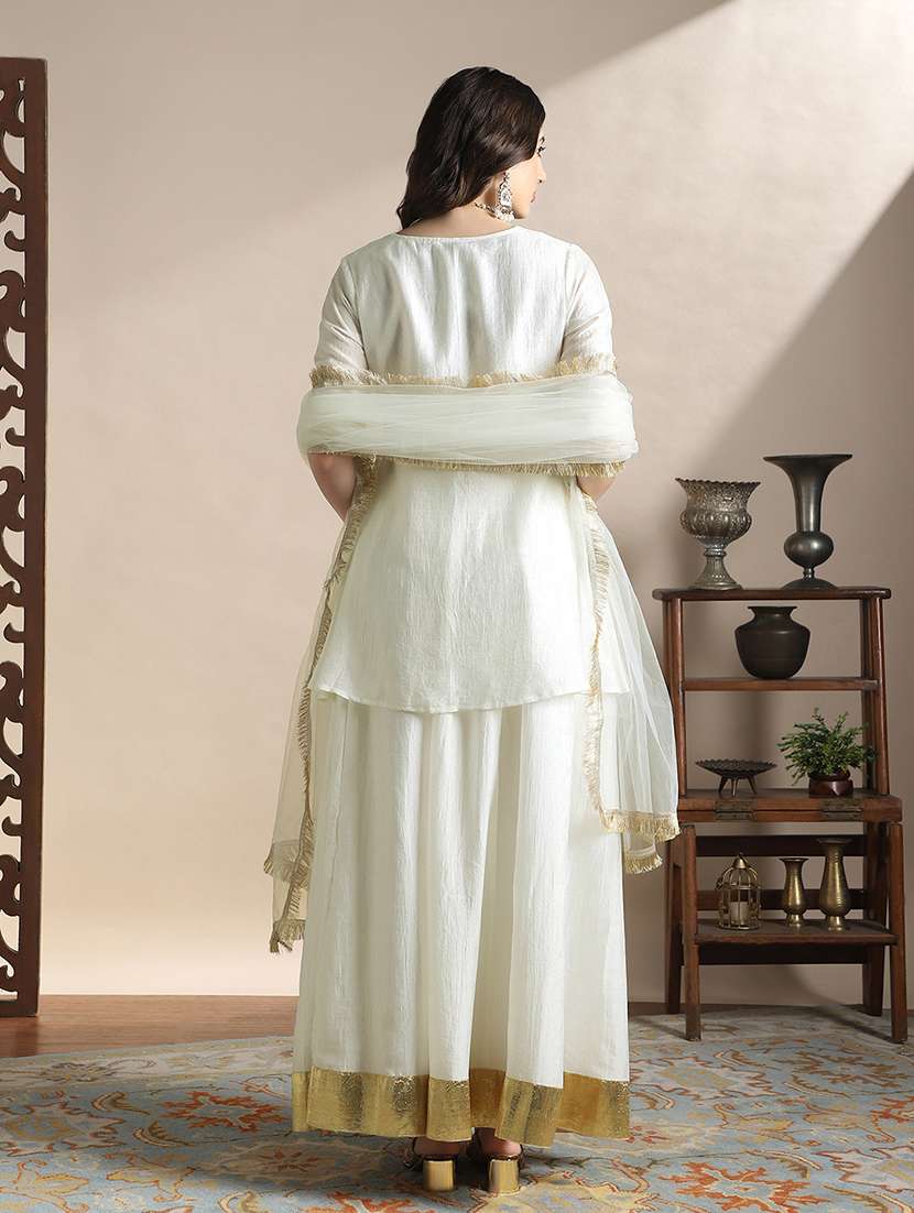 globus women off-white sequin embroidered yoke v-neck tunic with gotta lace flared hem skirt & fringed lace dupatta festive set - 22141432 -  Standard Image - 3
