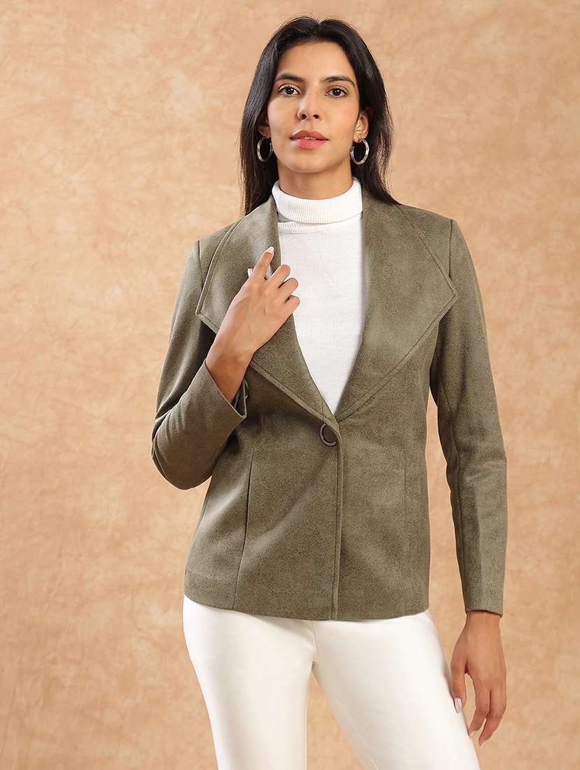 globus women olive shawl collar long sleeves self design suede 2 pockets soft functional winterwear overcoat - 22141433 -  Zoom Image - 0