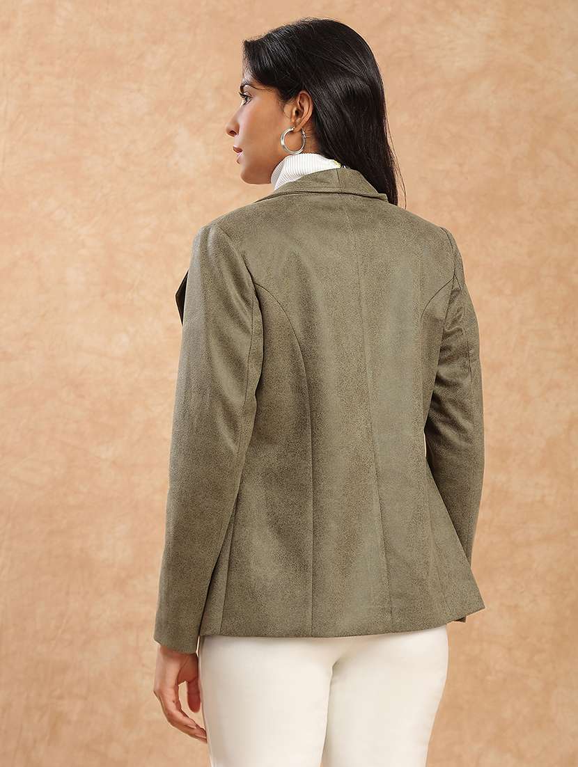 globus women olive shawl collar long sleeves self design suede 2 pockets soft functional winterwear overcoat - 22141433 -  Standard Image - 3