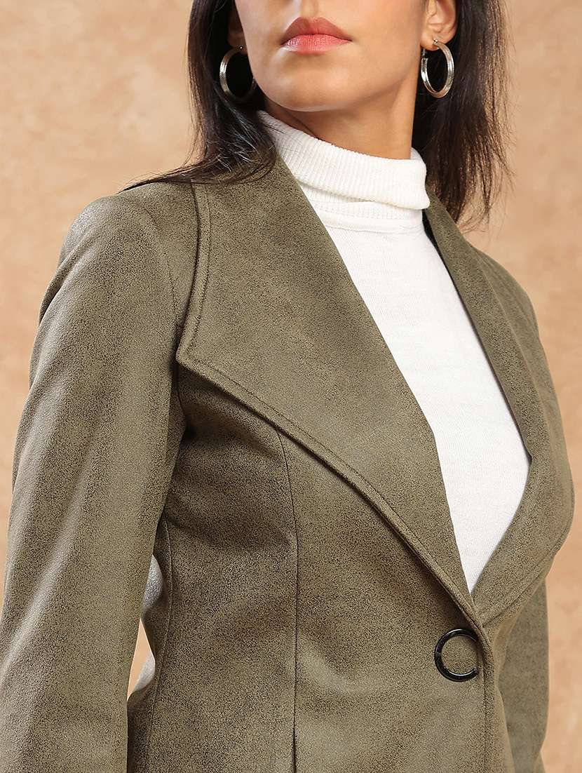 globus women olive shawl collar long sleeves self design suede 2 pockets soft functional winterwear overcoat - 22141433 -  Standard Image - 5