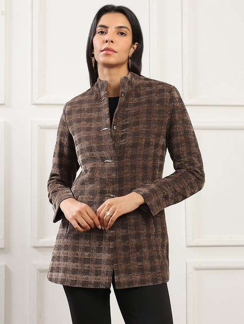 women checkered stand collar long sleeve coat - 22141436 -  Standard Image - 0