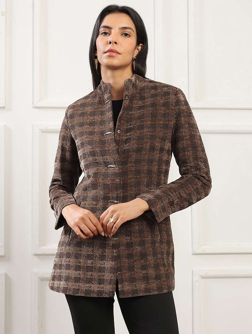 women checkered stand collar long sleeve coat - 22141436 -  Zoom Image - 0