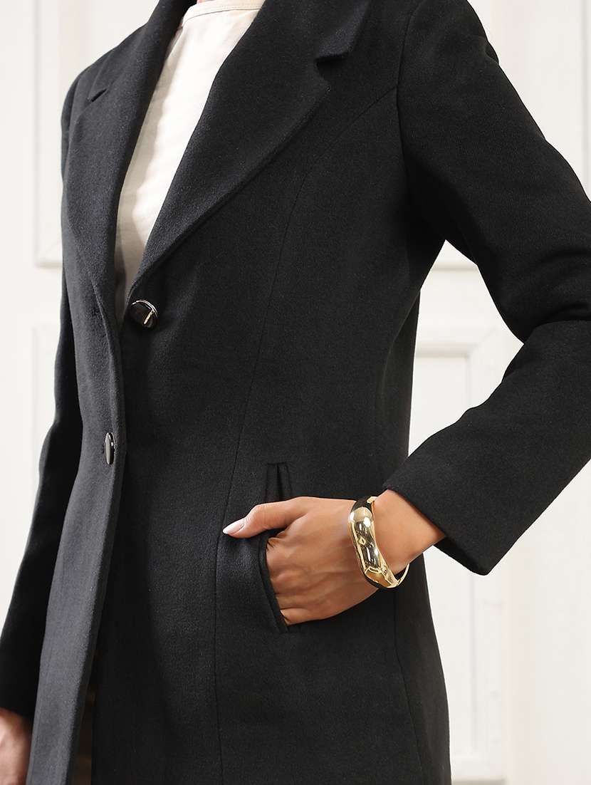 globus women black notched lapel long sleeves solid 2 pockets soft functional hip length winterwear overcoat - 22141441 -  Standard Image - 3