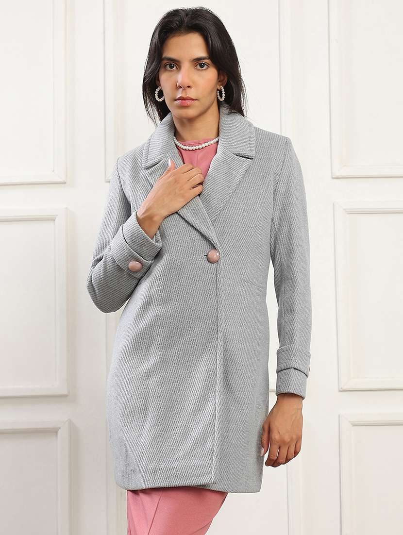 globus women blue notched lapel long sleeves striped self design 2 pockets hip length winterwear overcoat - 22141443 -  Zoom Image - 0