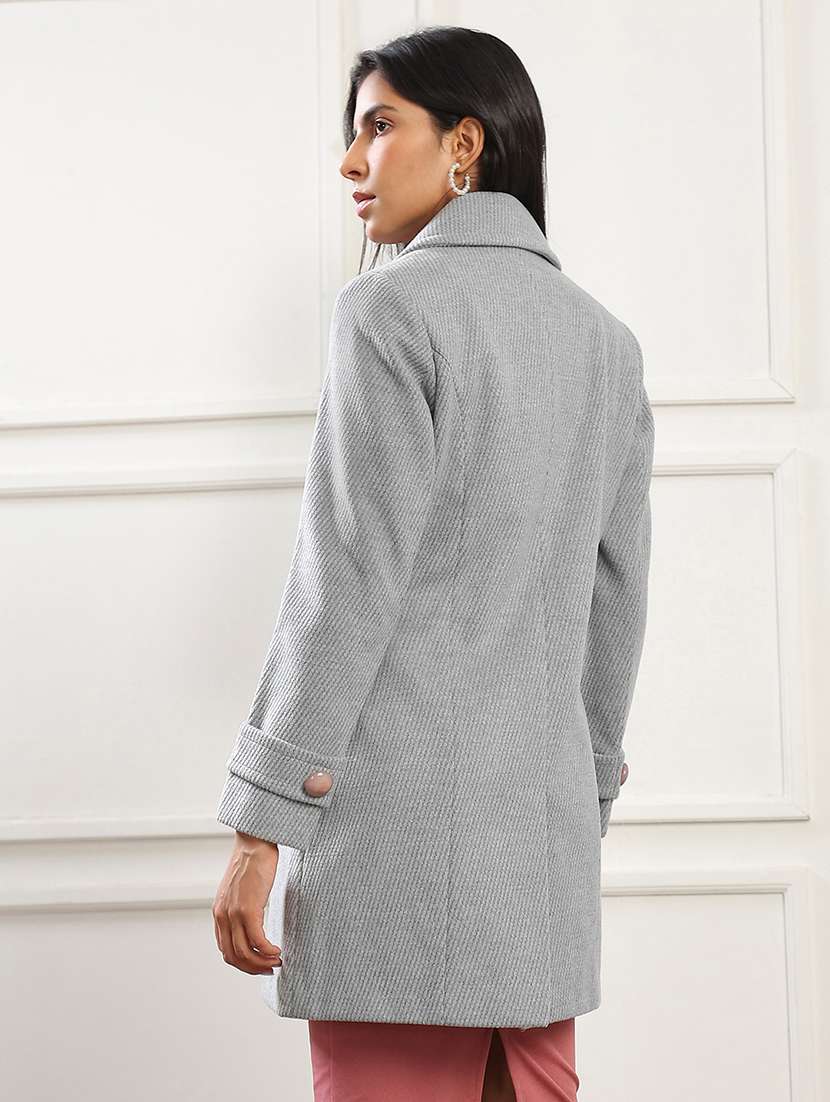 globus women blue notched lapel long sleeves striped self design 2 pockets hip length winterwear overcoat - 22141443 -  Standard Image - 3