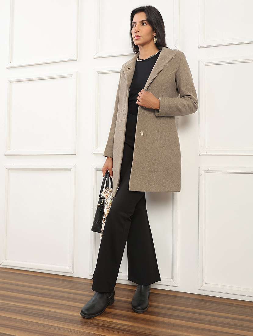 globus women beige mock collar long sleeves striped self design 2 pockets soft functional hip length winterwear overcoat - 22141446 -  Standard Image - 3