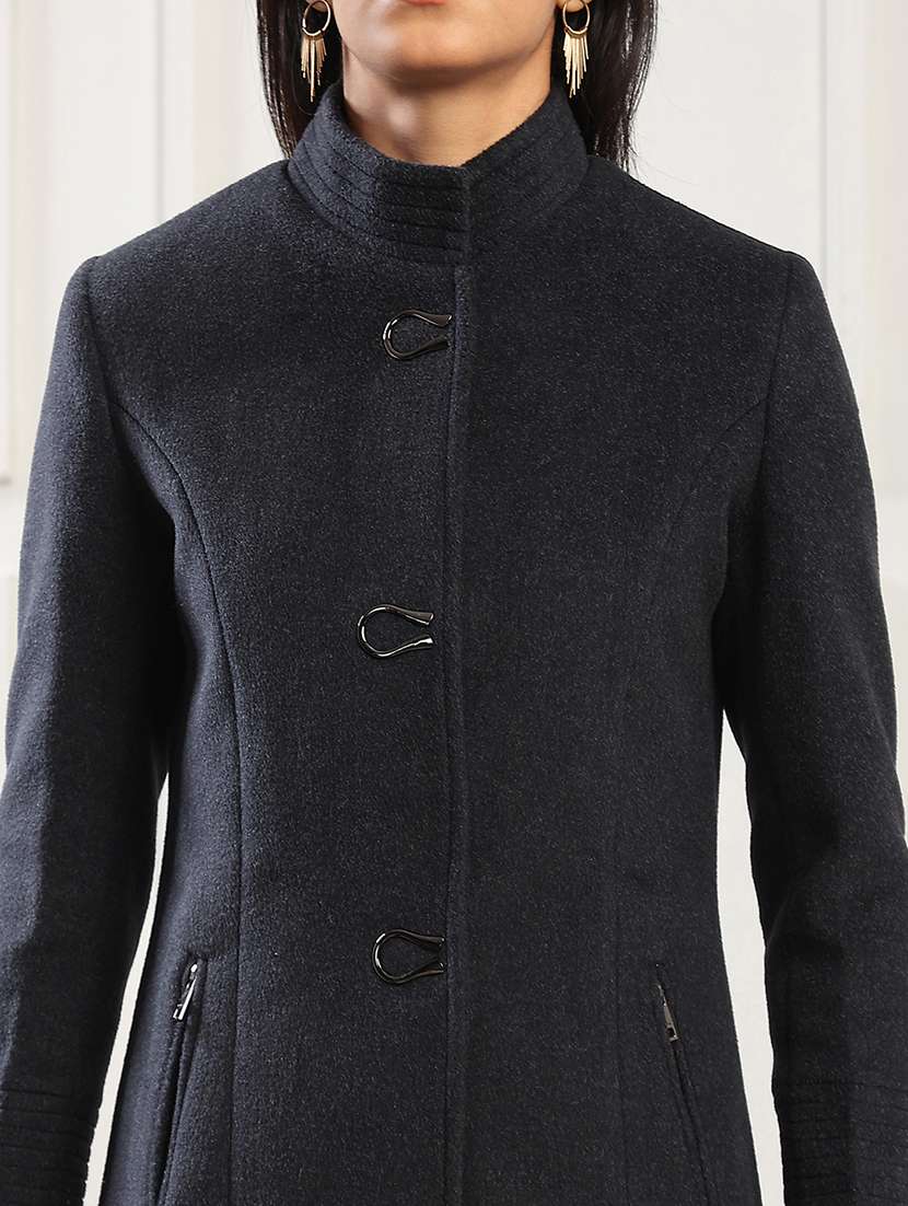 globus women navy mock collar long sleeves solid 2 zipper pockets soft functional hip length winterwear overcoat - 22141447 -  Standard Image - 5