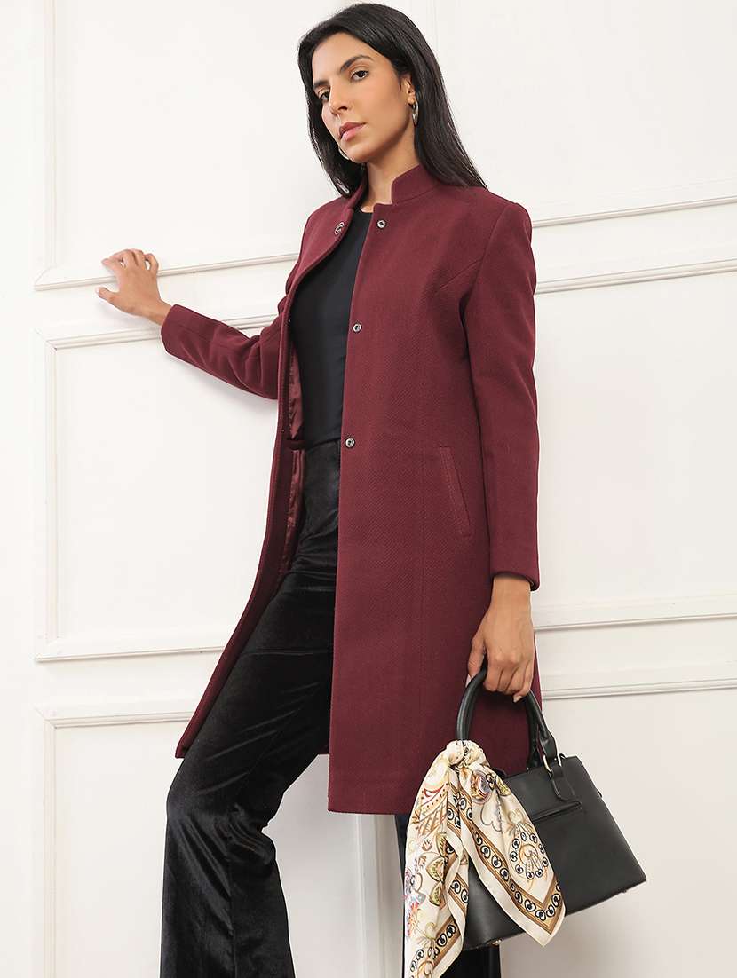 globus women red mock collar long sleeves striped self design 2 pockets knee length winterwear overcoat - 22141449 -  Zoom Image - 0