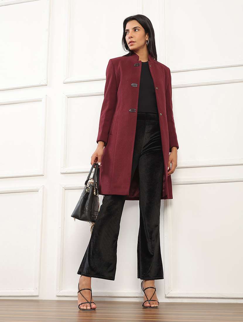 globus women red mock collar long sleeves striped self design 2 pockets knee length winterwear overcoat - 22141449 -  Standard Image - 3