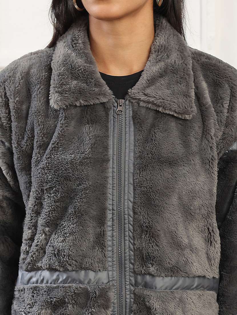 women solid long sleeve faux fur oversized jacket - 22141452 - Standard Image - 3