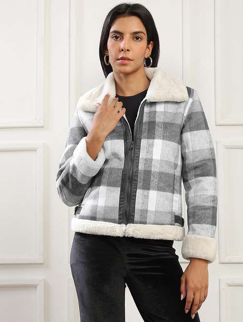 globus women black spread collar long sleeves soft functional checked self design 2 pockets winter wear jacket - 22141453 -  Standard Image - 0