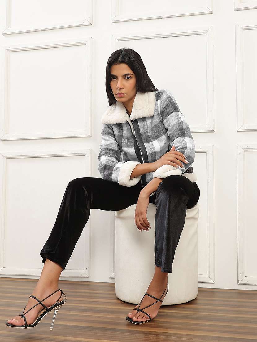 globus women black spread collar long sleeves soft functional checked self design 2 pockets winter wear jacket - 22141453 -  Standard Image - 3