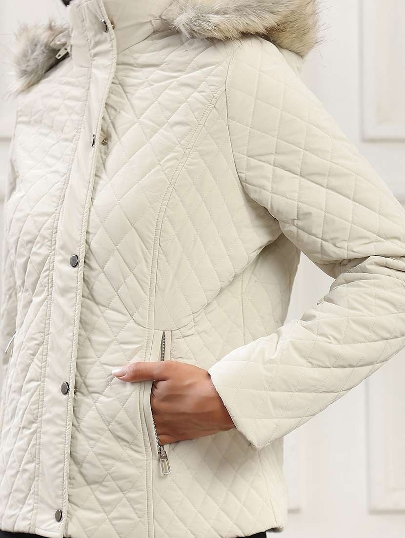 globus women cream mock neck winter wear insulator puffer jacket with detachable faux fur hood - 22141455 -  Standard Image - 3