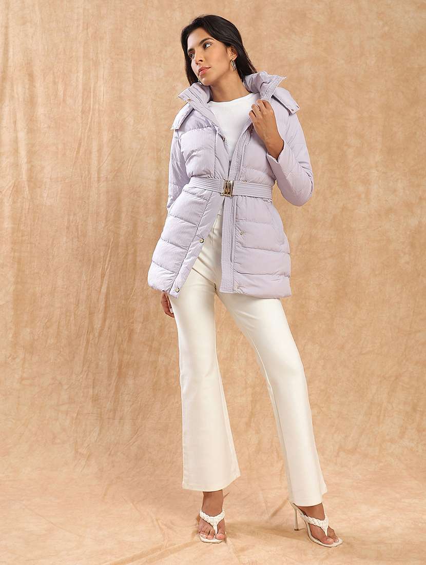 globus women lavender mock neck long sleeves belted winter wear insulator puffer jacket with detachable hood - 22141456 -  Standard Image - 3