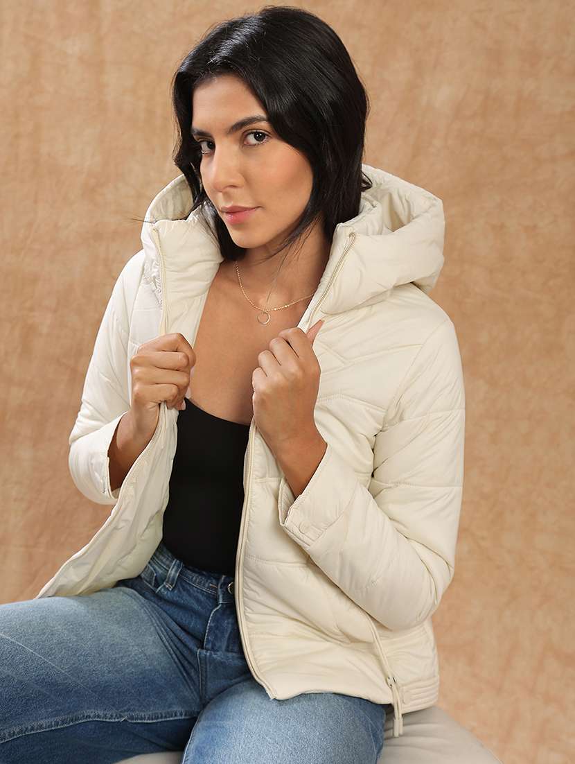 globus women beige long sleeves front zip 2 pockets hooded winterwear puffer jacket - 22141457 -  Zoom Image - 0