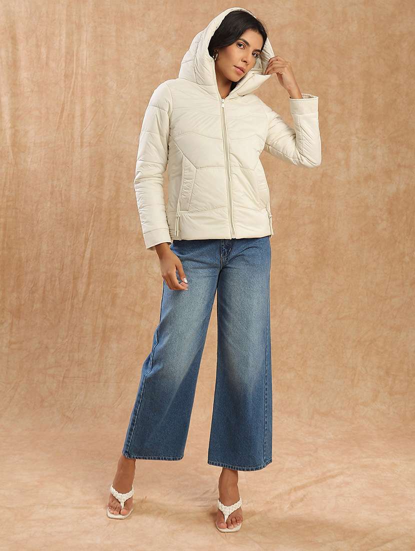 globus women beige long sleeves front zip 2 pockets hooded winterwear puffer jacket - 22141457 -  Standard Image - 5