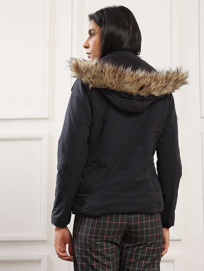 globus women black mock neck winter wear insulator puffer jacket with faux fur hood - 22141458 -  Standard Image - 3