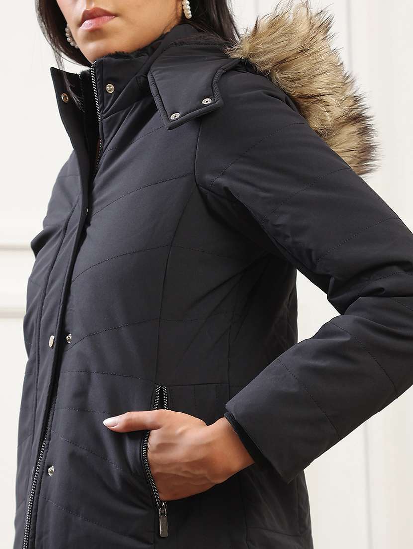 globus women black mock neck winter wear insulator puffer jacket with faux fur hood - 22141458 -  Standard Image - 5