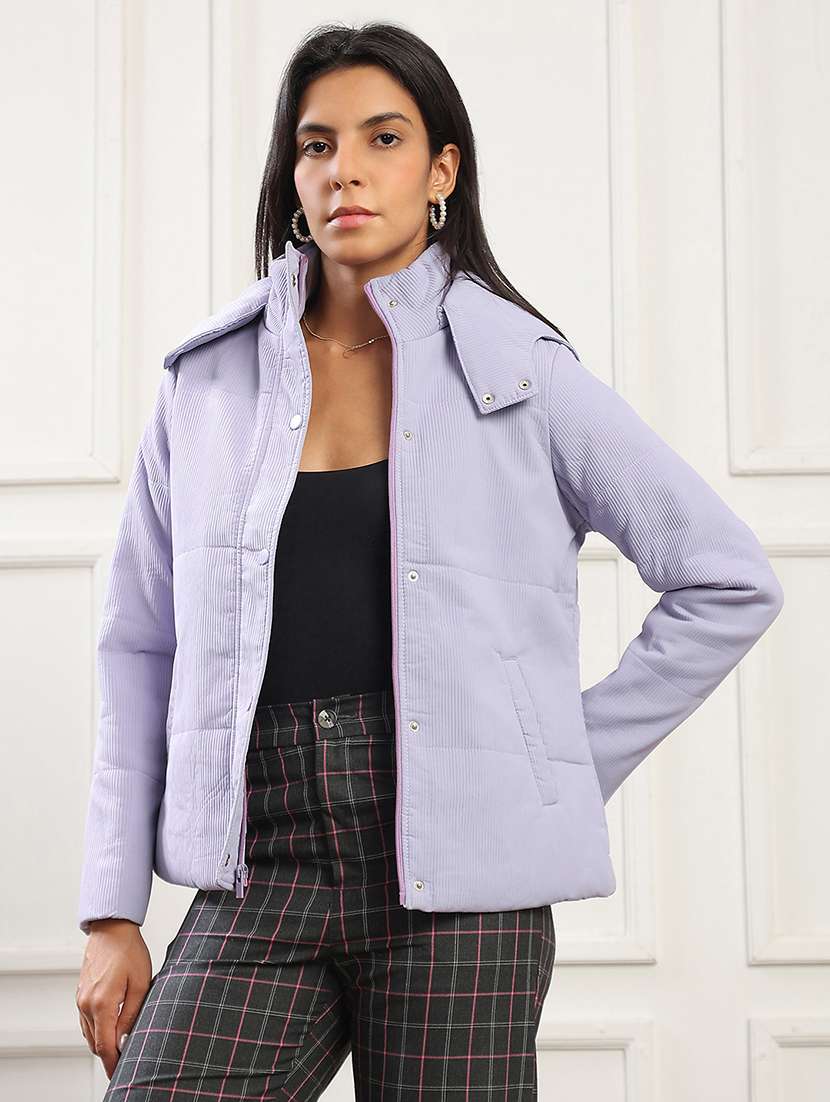 globus women lavender mock neck long sleeves 2 pockets self design winter wear insulator puffer jacket with attached hood - 22141459 -  Zoom Image - 0