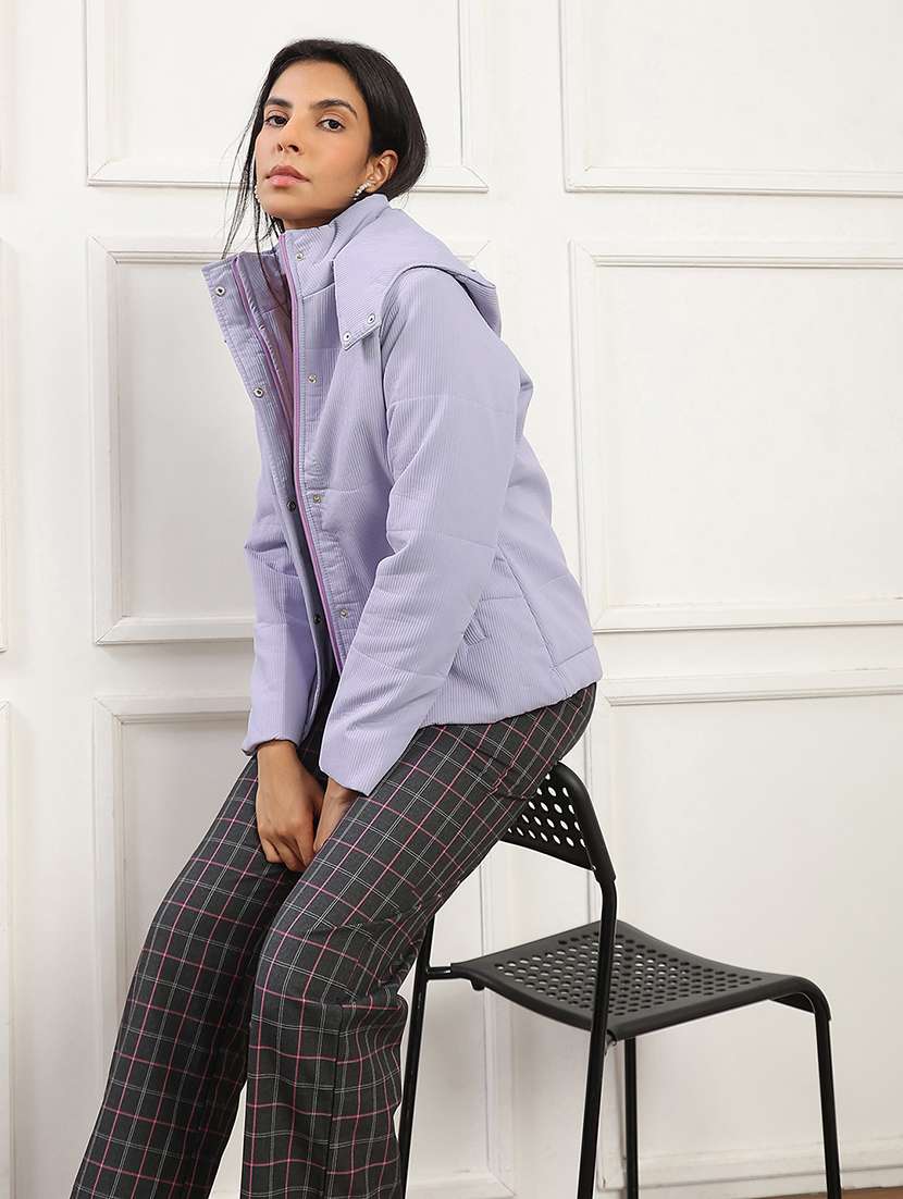 globus women lavender mock neck long sleeves 2 pockets self design winter wear insulator puffer jacket with attached hood - 22141459 -  Standard Image - 3