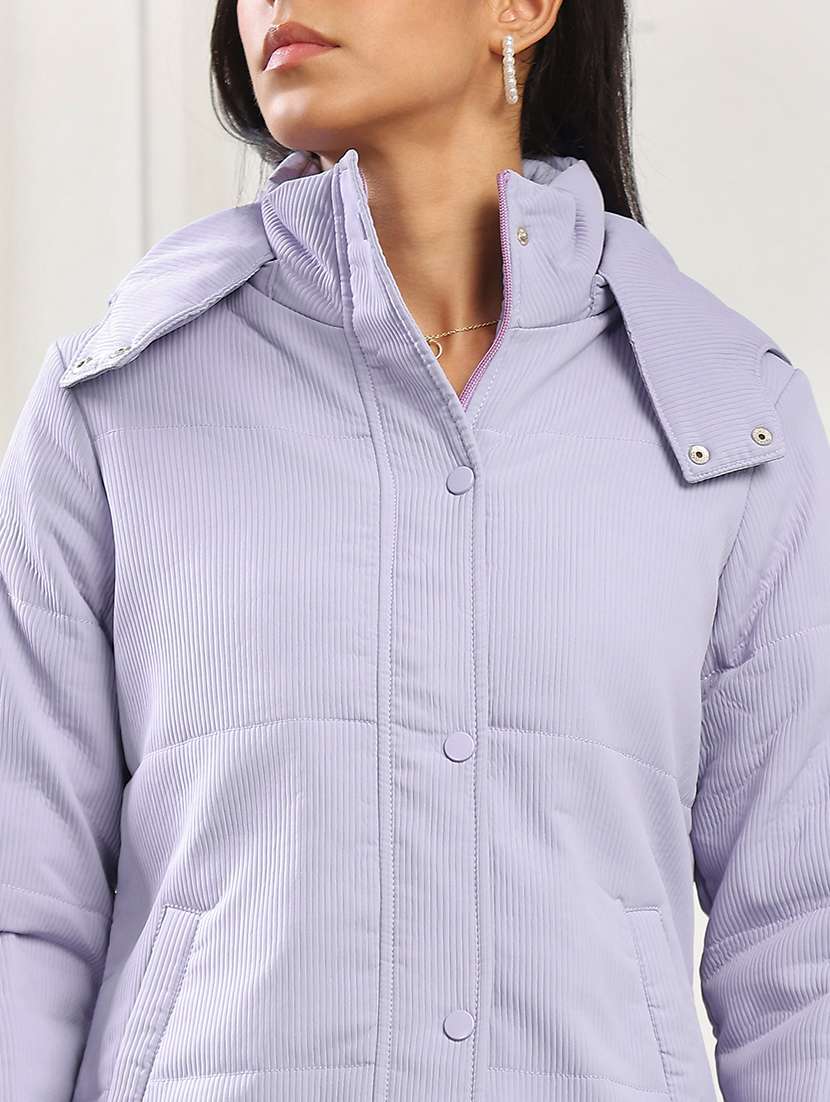 globus women lavender mock neck long sleeves 2 pockets self design winter wear insulator puffer jacket with attached hood - 22141459 -  Standard Image - 5