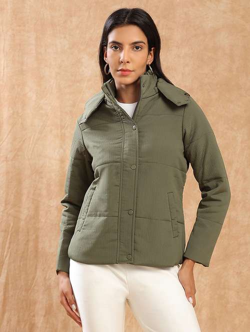 globus women olive mock neck long sleeves 2 pockets self design winter wear insulator puffer jacket with attached hood - 22141460 -  Standard Image - 0