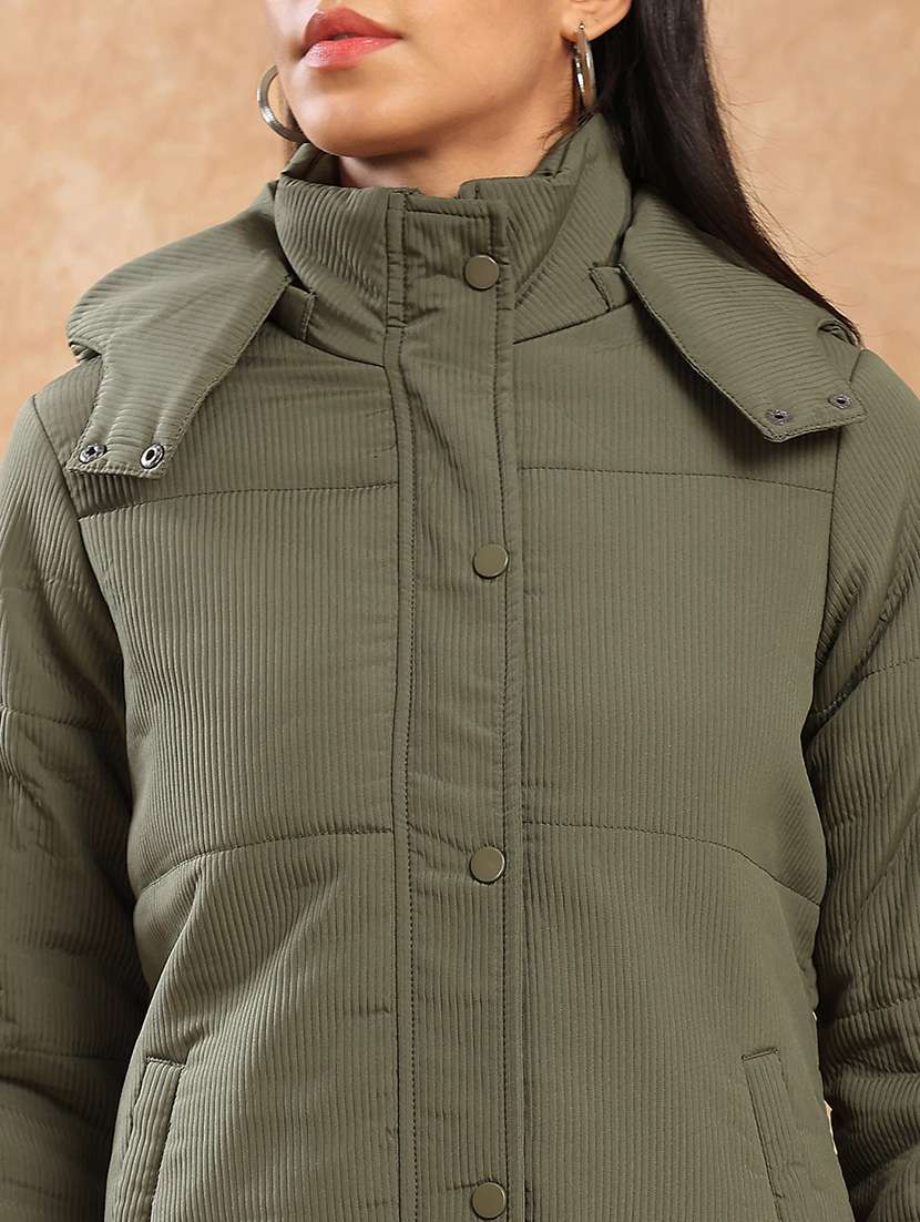 globus women olive mock neck long sleeves 2 pockets self design winter wear insulator puffer jacket with attached hood - 22141460 -  Standard Image - 3
