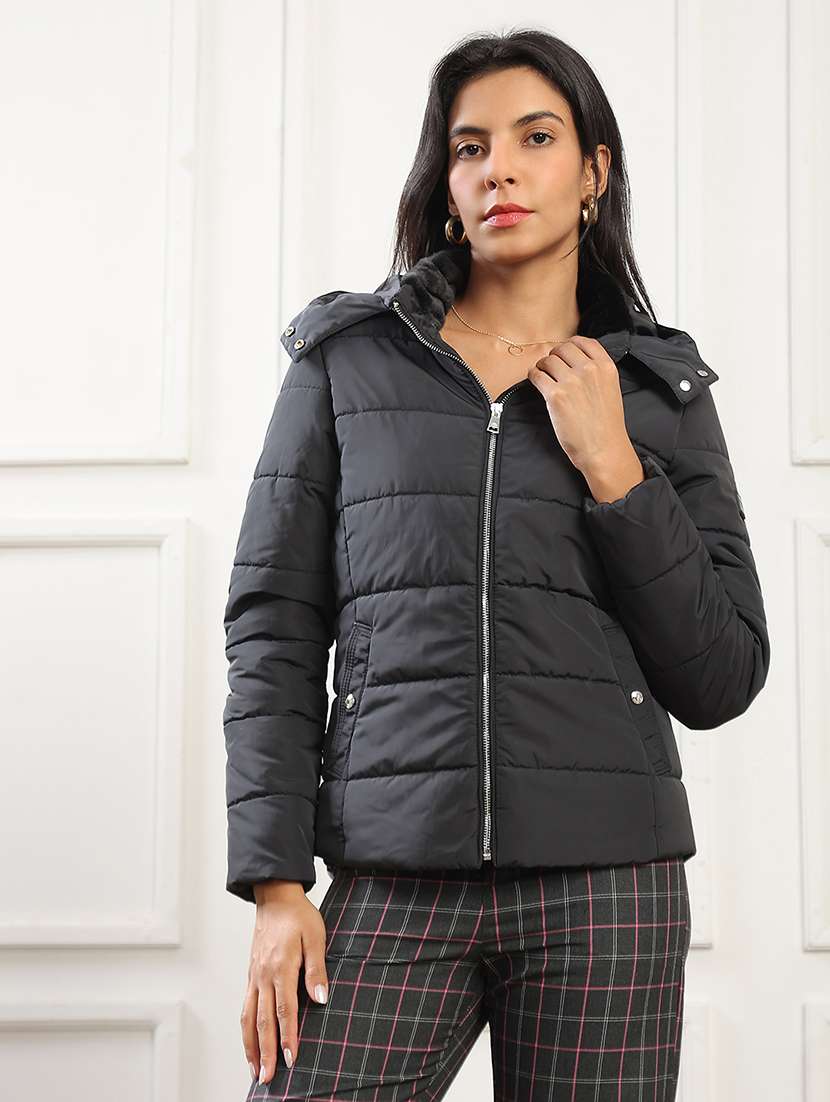 globus women black mock neck front zip winter wear insulator puffer jacket with detachable soft functional hood