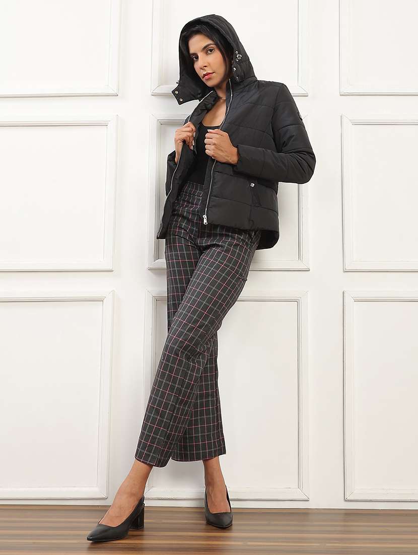 globus women black mock neck front zip winter wear insulator puffer jacket with detachable soft functional hood - 22141461 -  Standard Image - 3