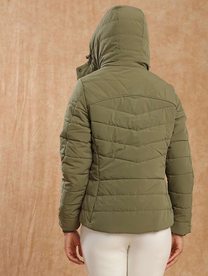 globus women olive mock neck winter wear insulator puffer jacket with soft functional hood - 22141462 -  Standard Image - 3