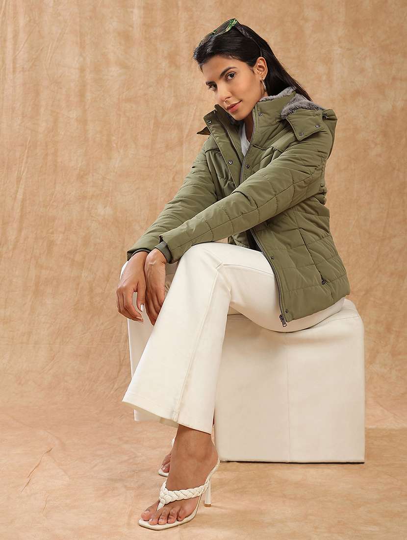 globus women olive mock neck winter wear insulator puffer jacket with soft functional hood - 22141462 -  Standard Image - 5