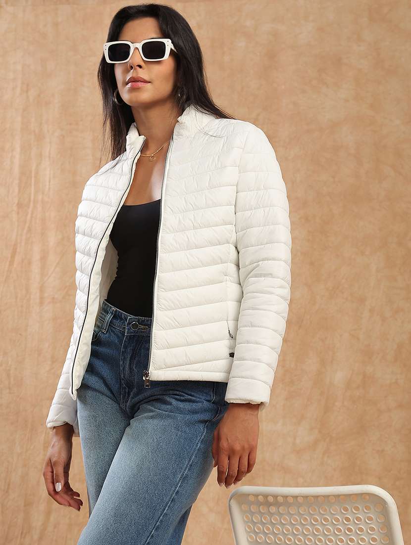 women solid long sleeve quilted jacket
