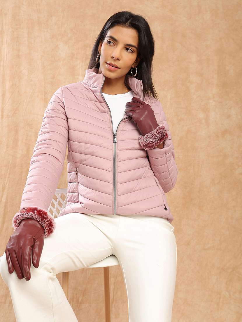 women solid long sleeve quilted jacket